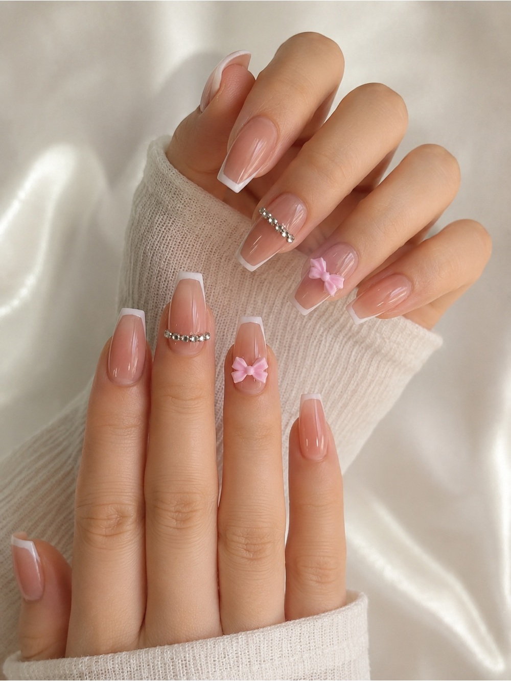 FARBÉ Color Couture Nude French Tip Press-On Nails Pink Bows Rhinestones 💕